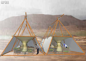 To decrease the loss of agricultural land in Peru, the CHUWA tensile structure is designed to collect and filter polluted water to create microclimates suitable for hydroponic vegetable gardening. Photo courtesy of Maria Fernanda, Isabel Lugo Prado and Wendy Rosales Martel, Universidad Ricardo Palma