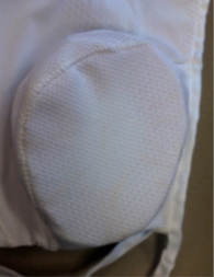 The protective cap shields ears from impact during aquatic team sports using five layers of hydrophobic spacer mesh fabric and four layers of rubber. The textile-based approach allows the athlete more comfort than plastic-based protectors do. Photo courtesy of Daniel Weispfenning, University of Wisconsin–Stout