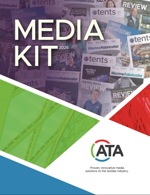 Cover design featuring "MEDIA KIT 2026" in bold, with vibrant green, blue, and red sections. Background showcases various magazine covers related to textiles.