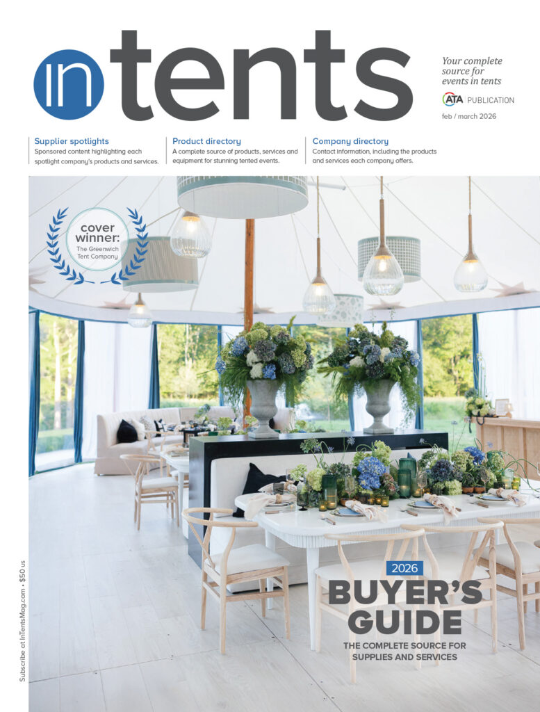 Elegant tented event setup featuring white tables, floral arrangements, and soft blue accents, highlighted by a large "Buyer's Guide" title.