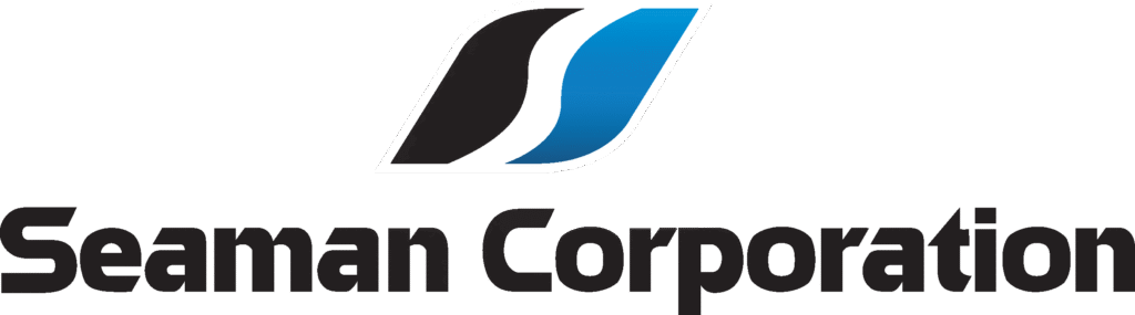 Stylized logo with a blue, black, and white design featuring a wave-like symbol above the text "Seaman Corporation" in bold black letters.