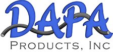 Blue stylized text spells "DAPA Products, Inc." with a grey wire element, set against a light background, emphasizing branding for upholstery.