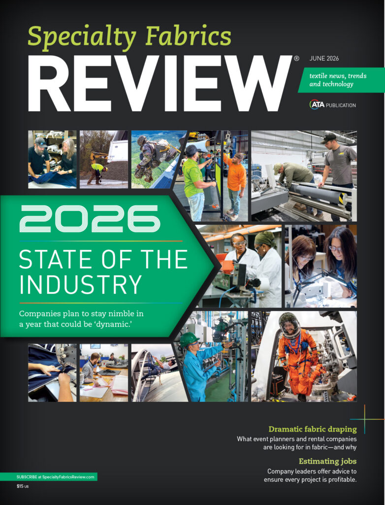 A collage of textile industry scenes featuring machinery, workers, and fabric samples, with bold text highlighting "2026 State of the Industry."