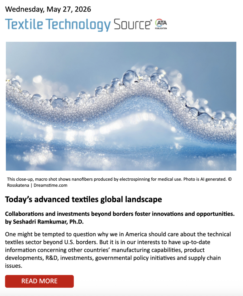 Macro shot of fine nanofibers, showcasing their texture and detail against a soft blue background. Text highlights news on textiles.
