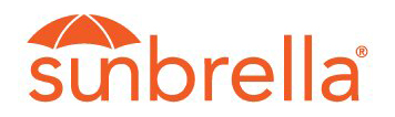 Orange umbrella icon above the word "sunbrella" in bold orange text, set against a clean white background.