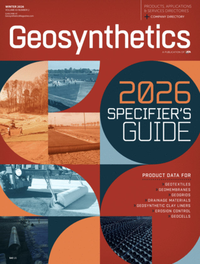 Cover featuring a collage of geosynthetic materials, bold orange and blue circles, and text detailing the 2026 Specifier’s Guide.