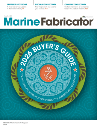 Bright teal background with a circular emblem featuring an anchor, surrounded by decorative rope, and text promoting a buyer's guide for marine products.