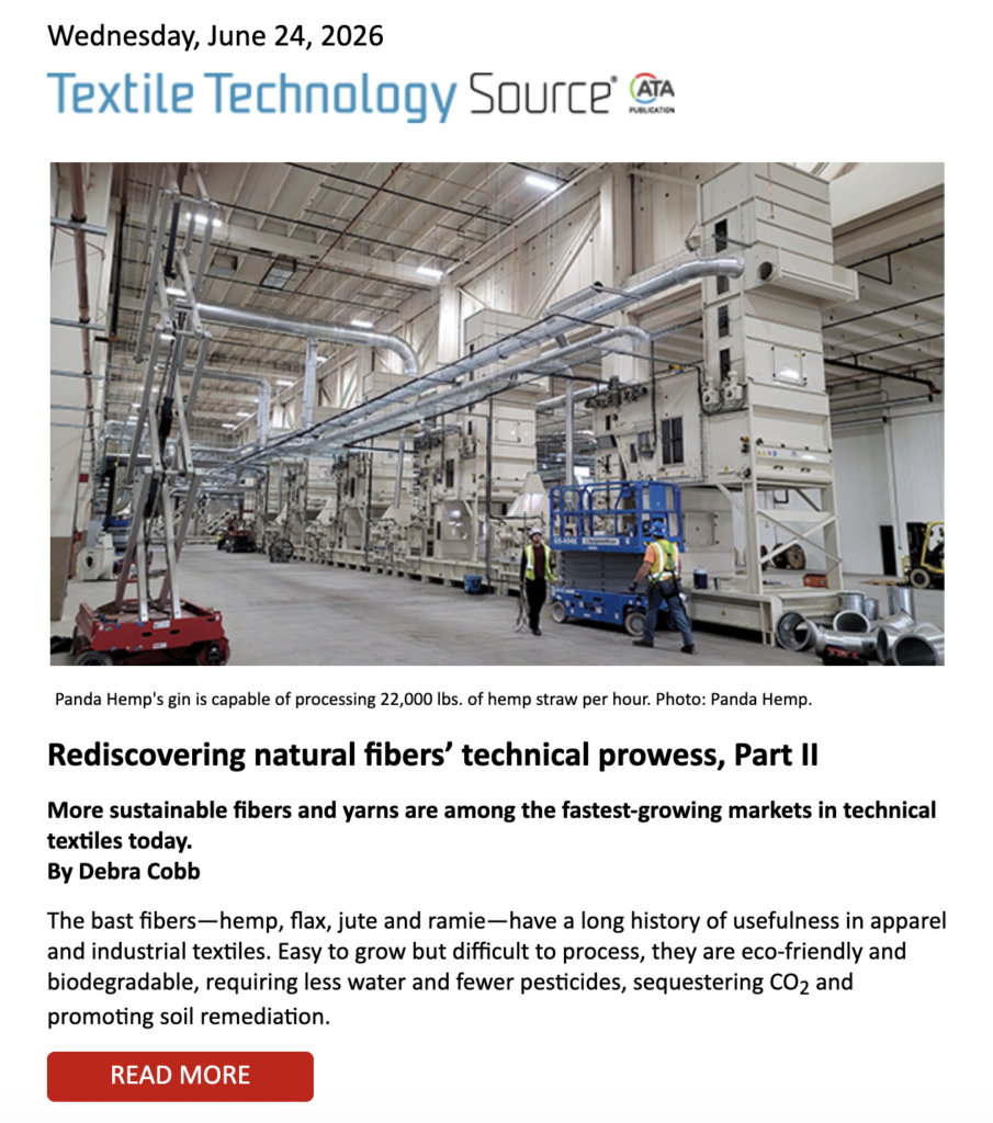 A large textile machinery setup with numerous machines processing hemp fibers in a bright industrial space.
