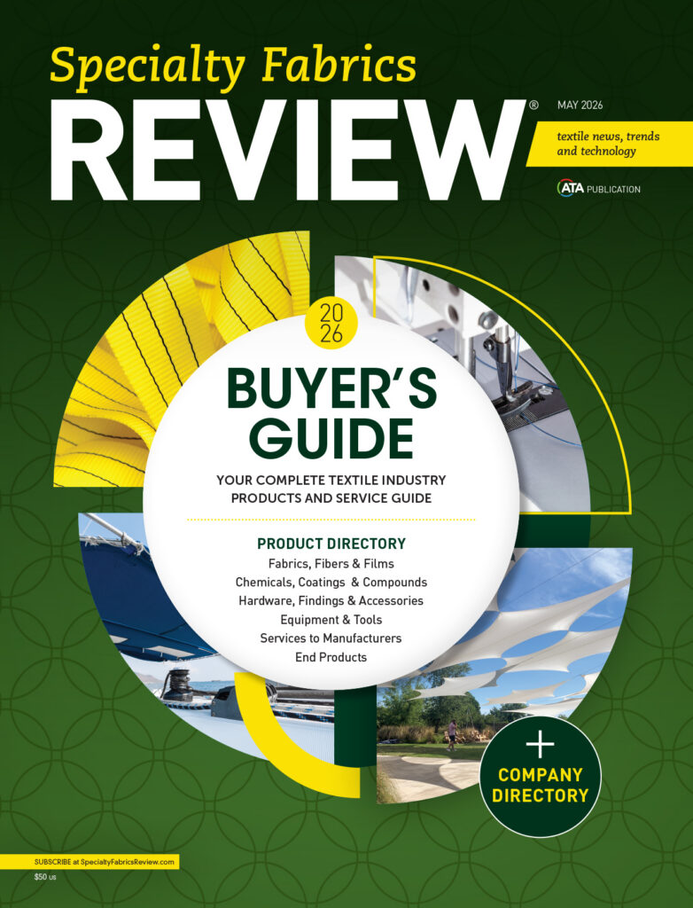 Colorful magazine cover featuring a circular design with sections highlighting textile products, resources, and a directory for buyers.