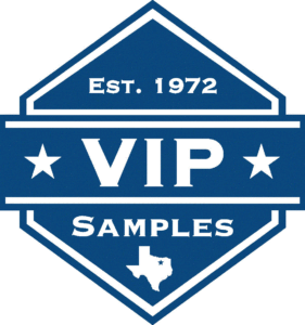 Blue shield-shaped logo featuring "VIP" and "Samples" in white text, with stars and a Texas outline, established in 1972.