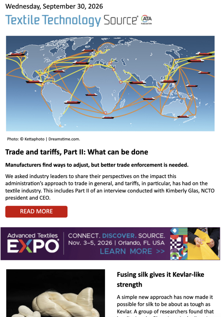 A map with lines connecting various locations, featuring headlines about trade, tariffs, and textile technology, with a silk-related article below.
